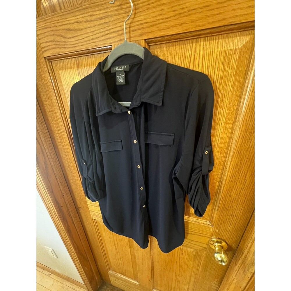 Grace The Perfect Fit XL Navy with Gold Buttons with Rolled Long Sleeves Top